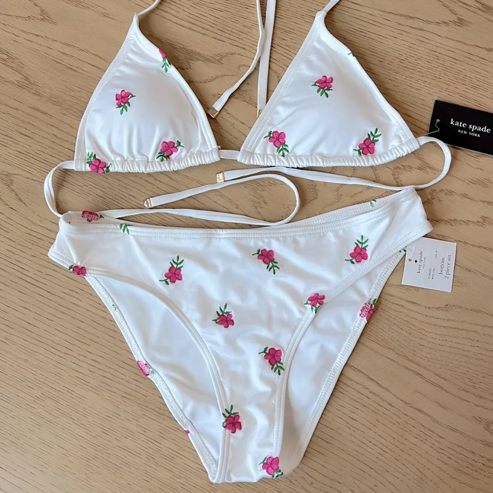 NWT Kate Spade White String Bikini Set Hot Pink Embroidered Floral Print Medium - Image 3