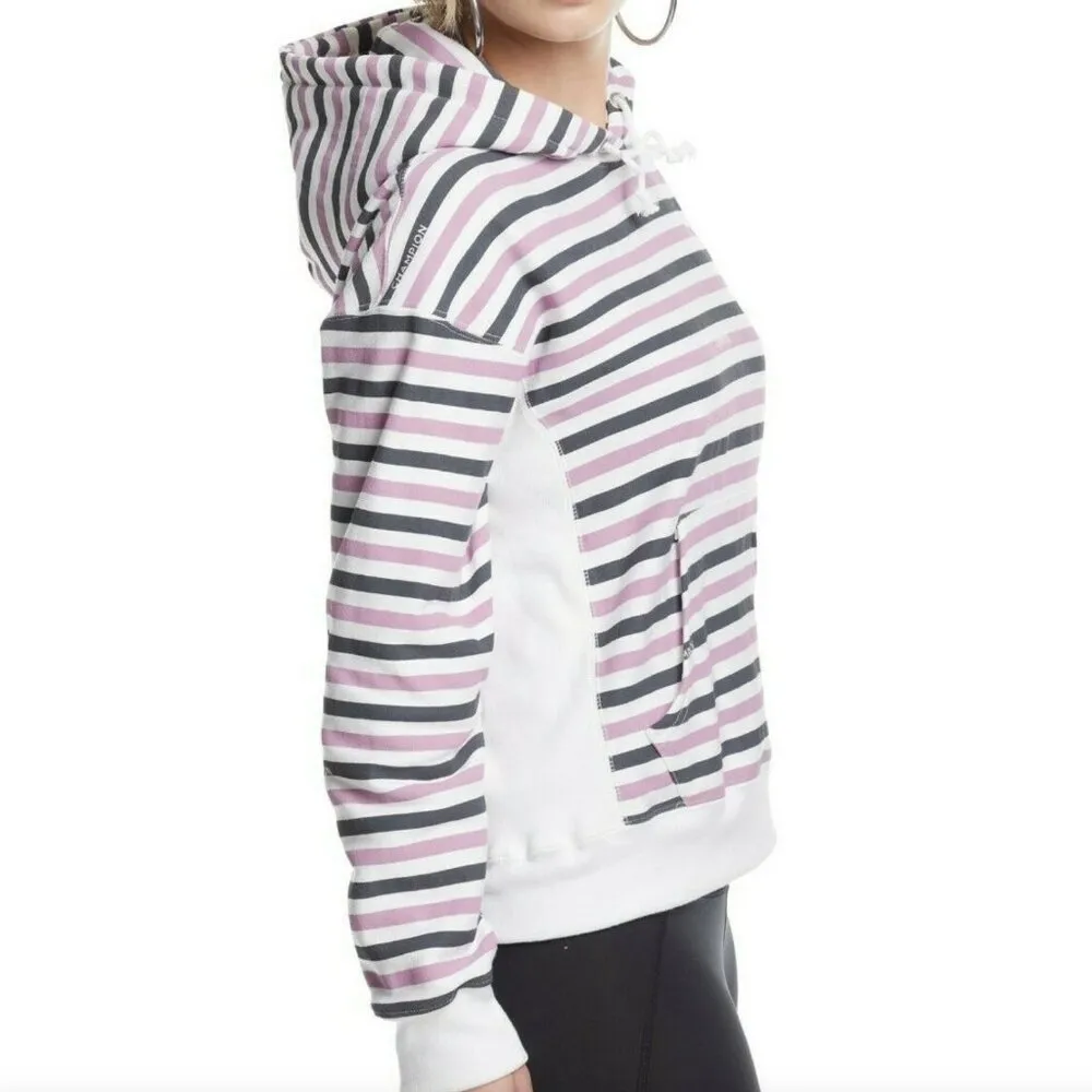 CHAMPION Life Reverse Weave Print Hoodie White Purple Gray Striped Colorblock S - Image 3