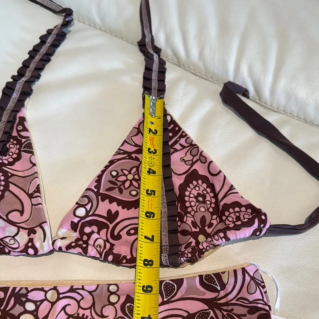 Women large Floral Pink Brown Bikini Set stitching ruffles pleats triangle top - Image 8