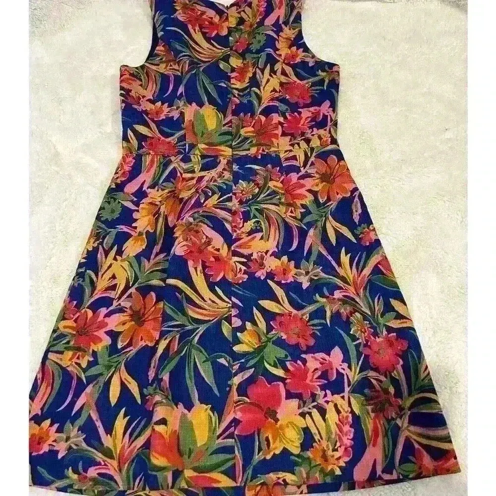 J Crew Floral Pleated Shift Dress $118 Size 4P‎ Bright Blue Pink Green Yellow - Image 2
