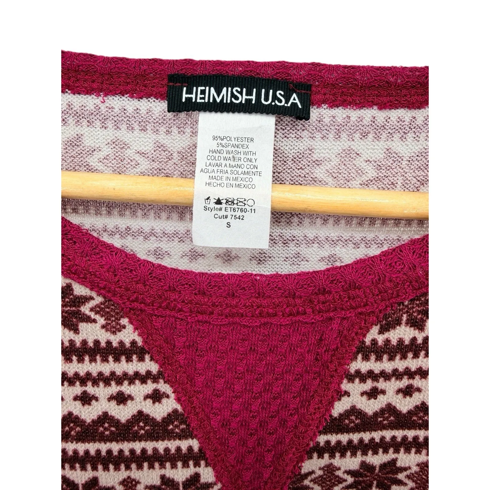 Heimish USA Fair Isle Thermal Top Sz S Burgundy Pink Long Sleeve Knit Shirt NWOT - Image 2