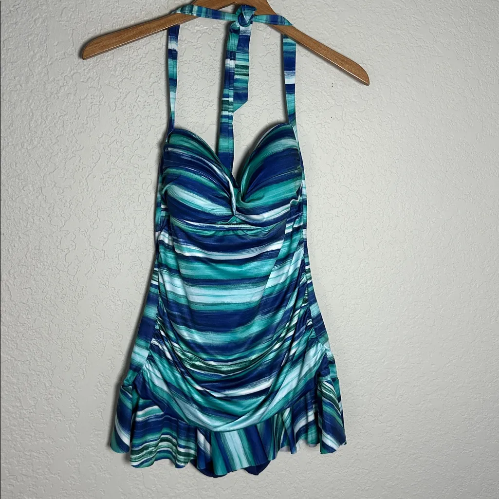 NEW Disney Parks Blue Stripe One Piece Swimsuit Skirt Minnie Mouse WDW Halter - Image 3