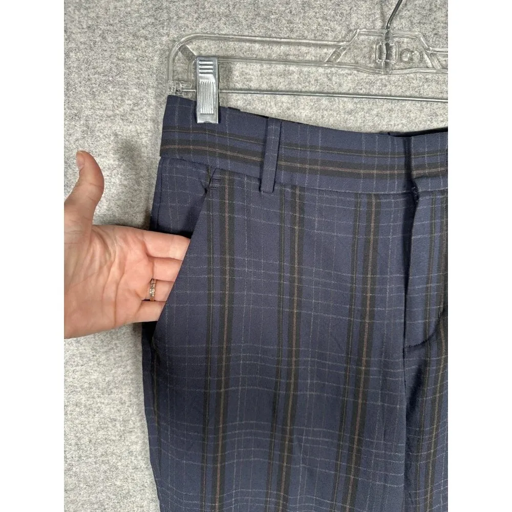 Vince Womens Size 6 Pants Plaid Crop Tapered Leg Navy Blue Black Flat Front Zip - Image 11