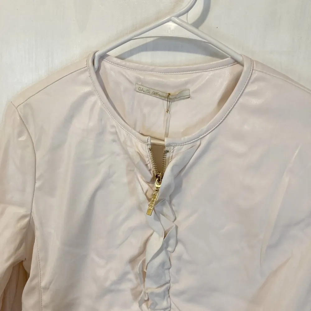 NEW Gaudi women's size 44 IT light rose zip up ruffle faux leather jacket NWD Pink Size M - Image 2
