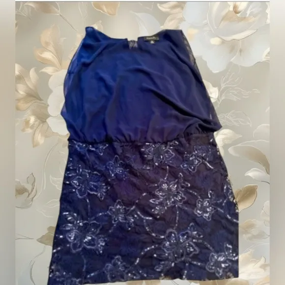 - SCARLETT -Chiffon Navy blue with sequins cocktail party Blouson Dress Size 16 - Image 4
