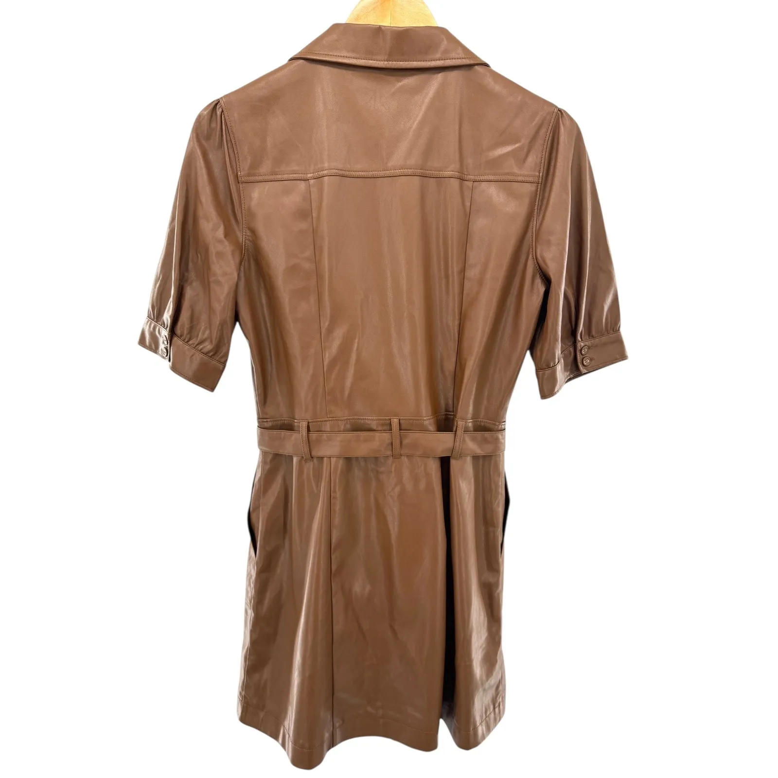 PAIGE Mayslie Vegan Faux Leather‎ Belted Dress Brown Short Sleeve Button Front - Image 5
