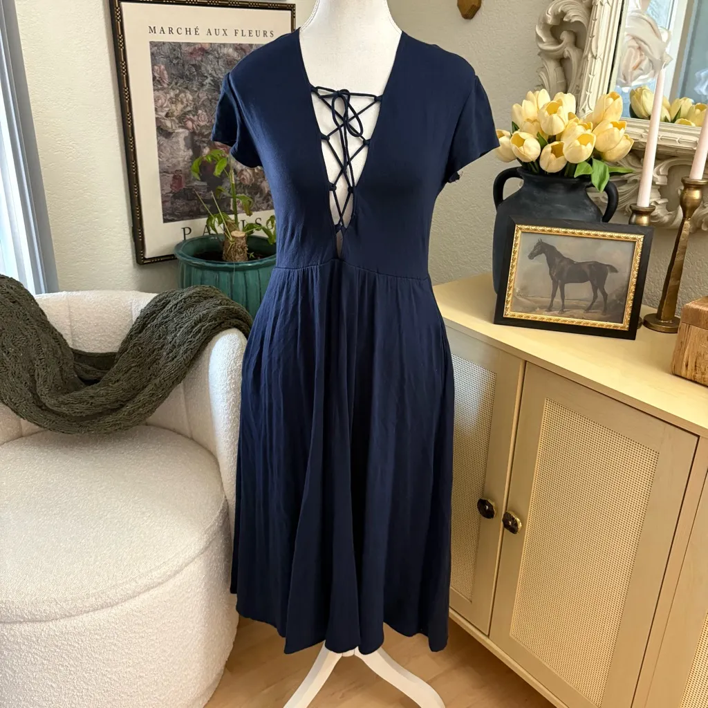 REFORMATION Navy Sandy Lace Up Midi‎ Dress Size L - Image 3
