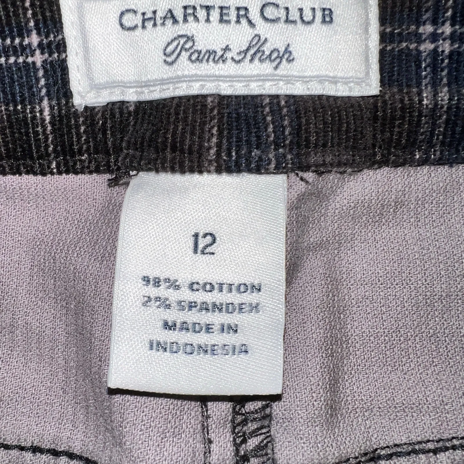 Charter Club Lexington Straight Leg Navy Blue/Black Plaid Corduroy Pants Size 12 - Image 3