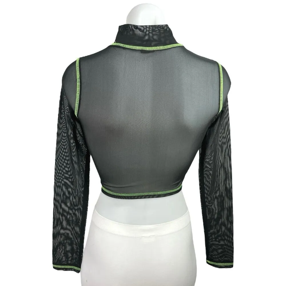 Urban Outfitters Womens Black Babygirl Rhinestone Mesh Long-Sleeve Crop Top XS - Image 2