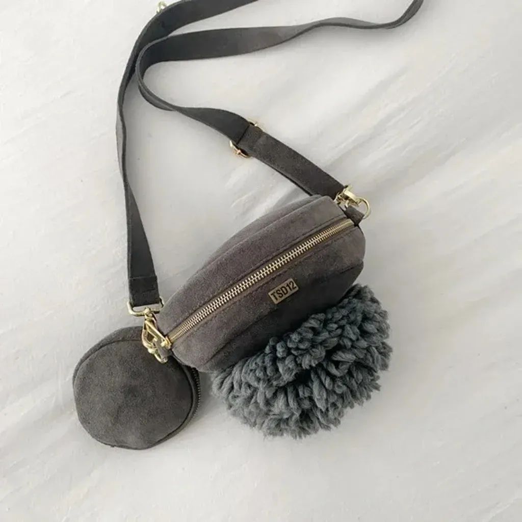 Suede Leather Pompom Circle Crossbody Bag in Grey Retail $373 - Image 3