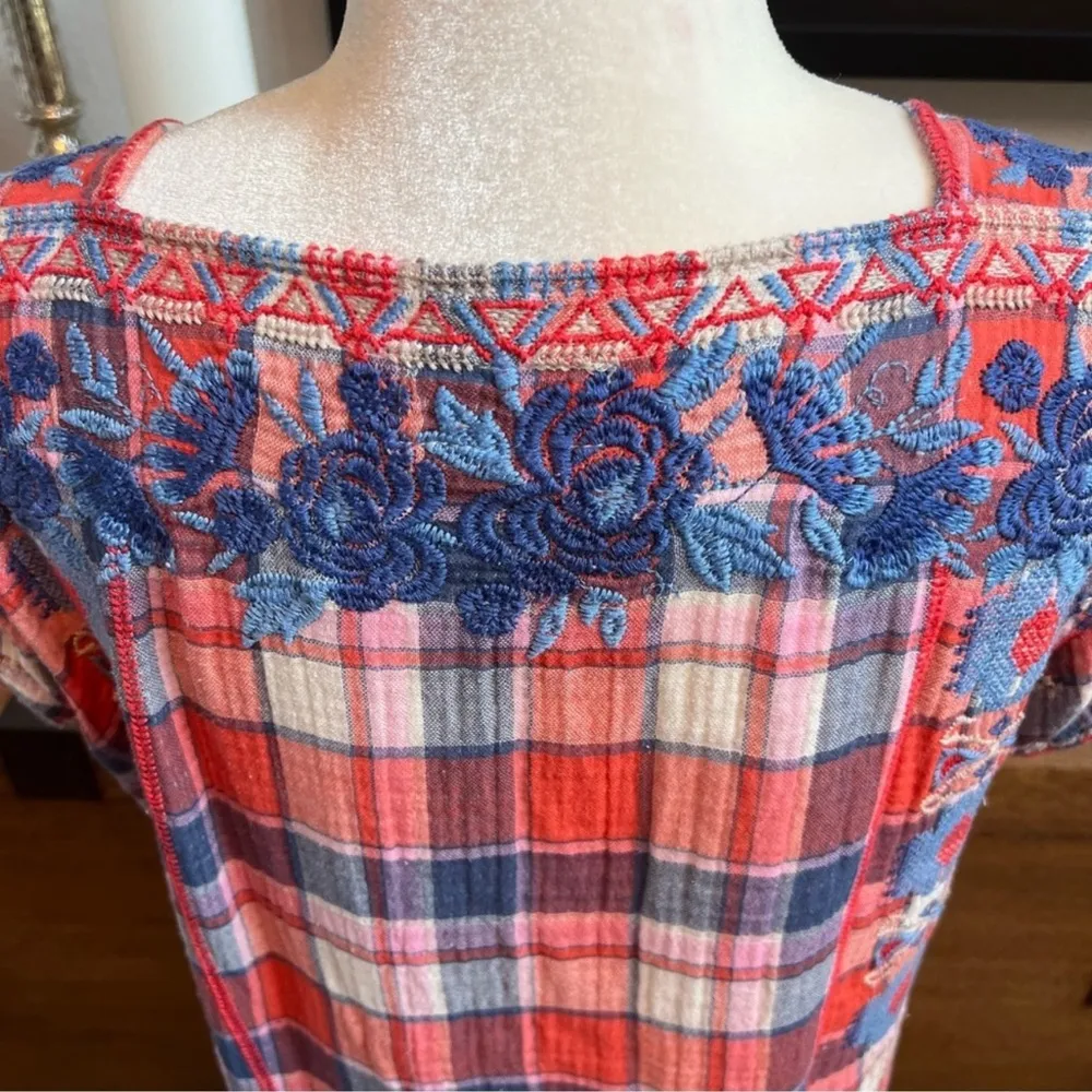 Johnny Was Workshop Zelda Mexican Plaid Embroidered Short Sleeve Red/Blue/White - Image 10