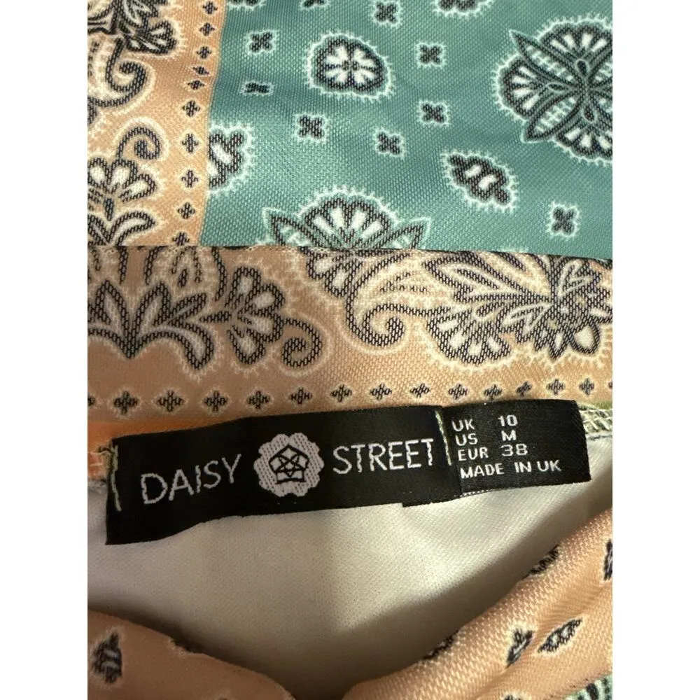 Daisy Street Coral Blue Floral Bandana Boho Patchwork Pencil Mini Skirt Size M - Image 5