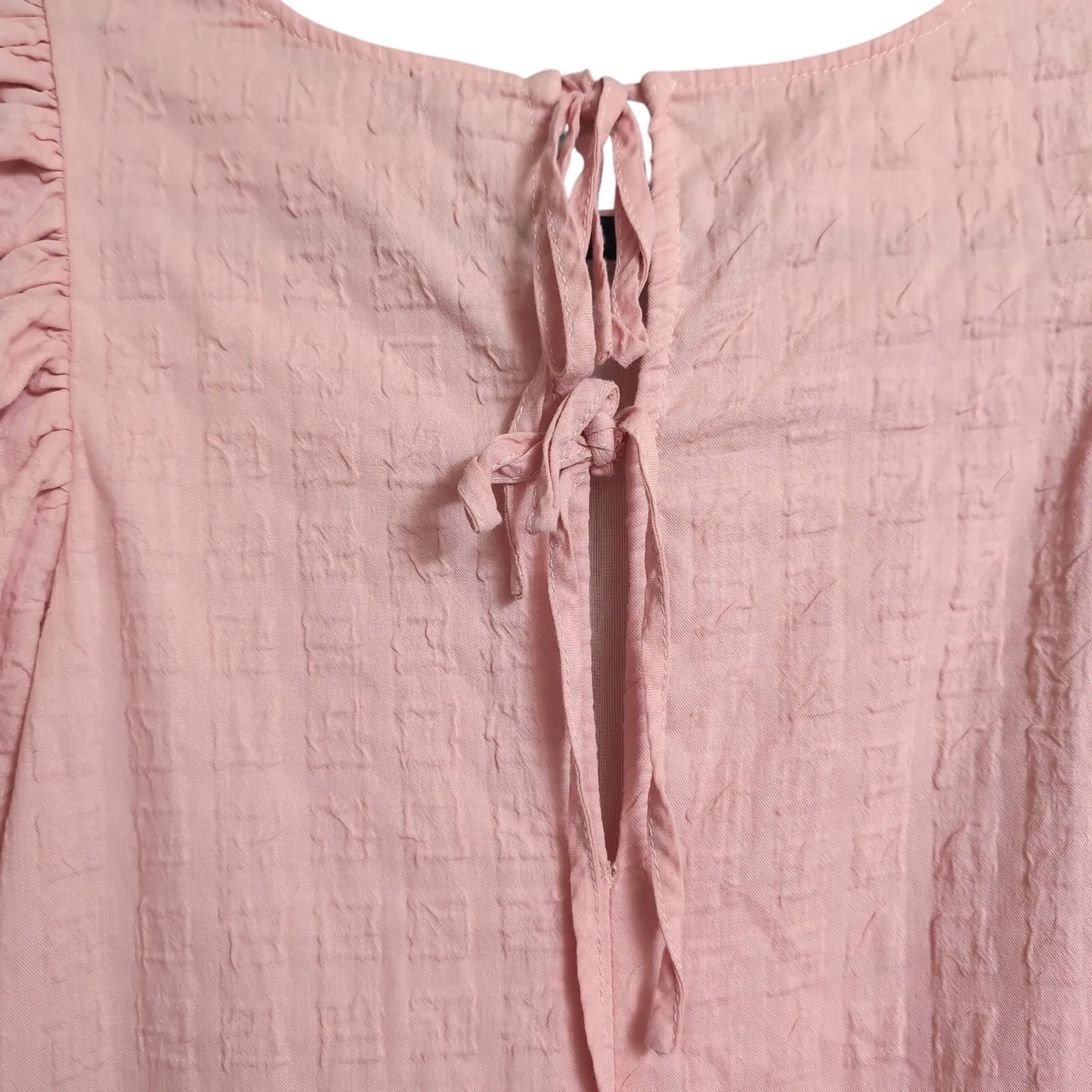 English Factory Penelope Mini Dress Pink Puff Sleeve Tie Back Textured Size S - Image 11