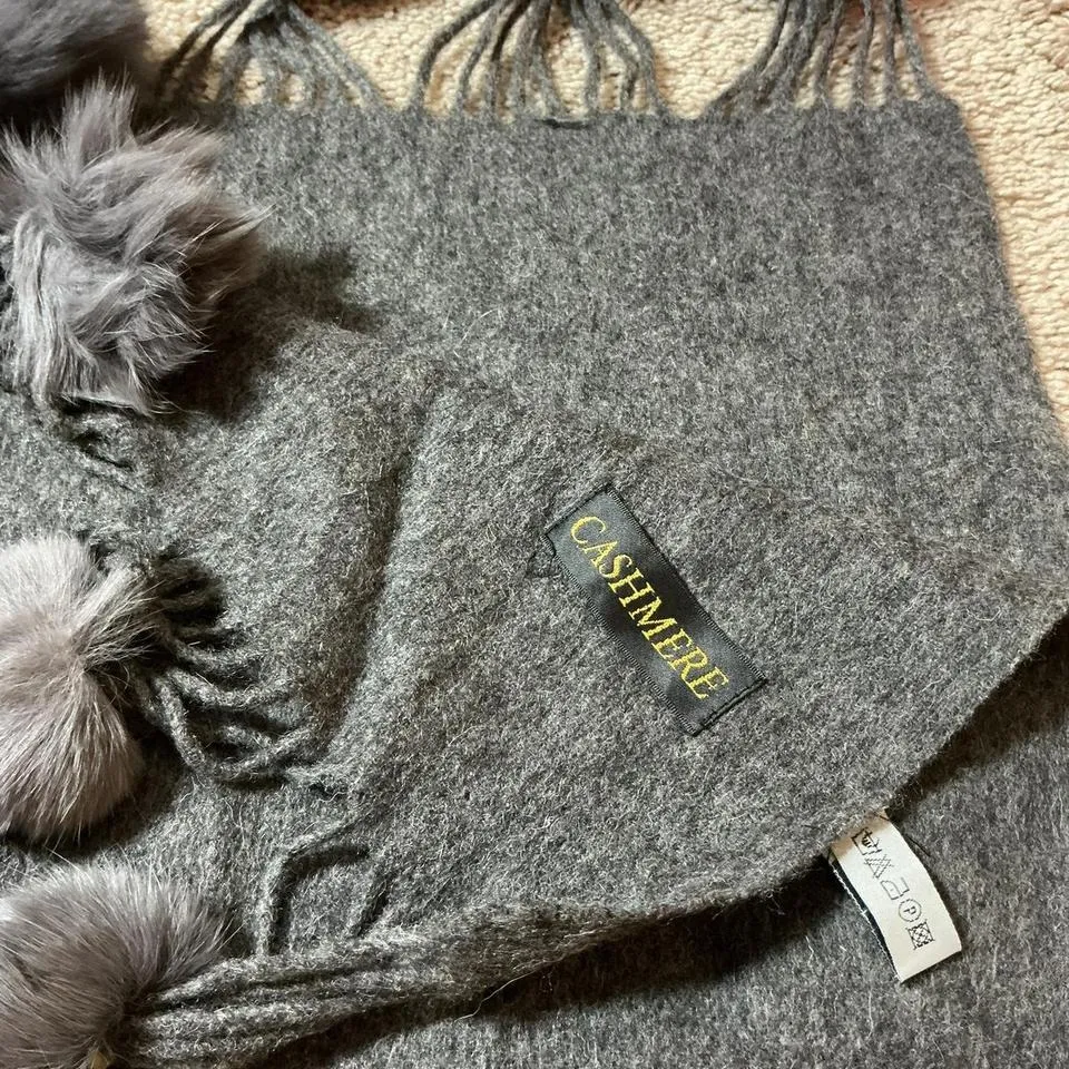 Luxury Grey Wool Fur Blend Scarf with Pom Pom Tassels - Image 3