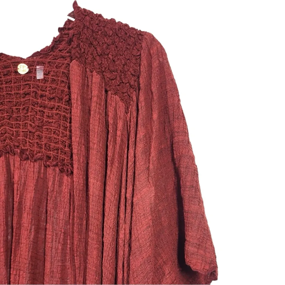 Free People Angelica Open Front Smocked Cardigan in Burgundy - Image 3