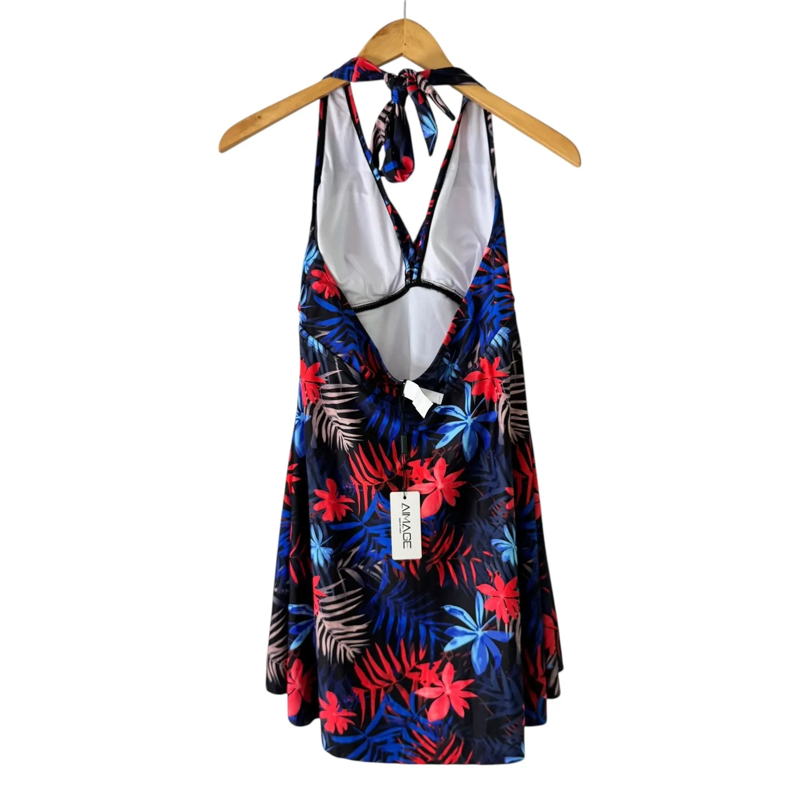 Aimage Halter Swim Dress Floral Print Swimsuit Cover Up Black‎ Red Blue L Black Size L - Image 8