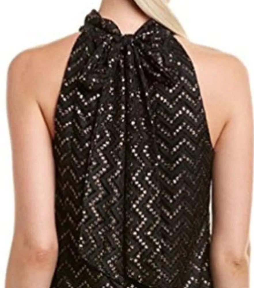 Trina Turk Morrison Dress Black Gold Metallic Tie Neck Shift Dress Large - Image 4