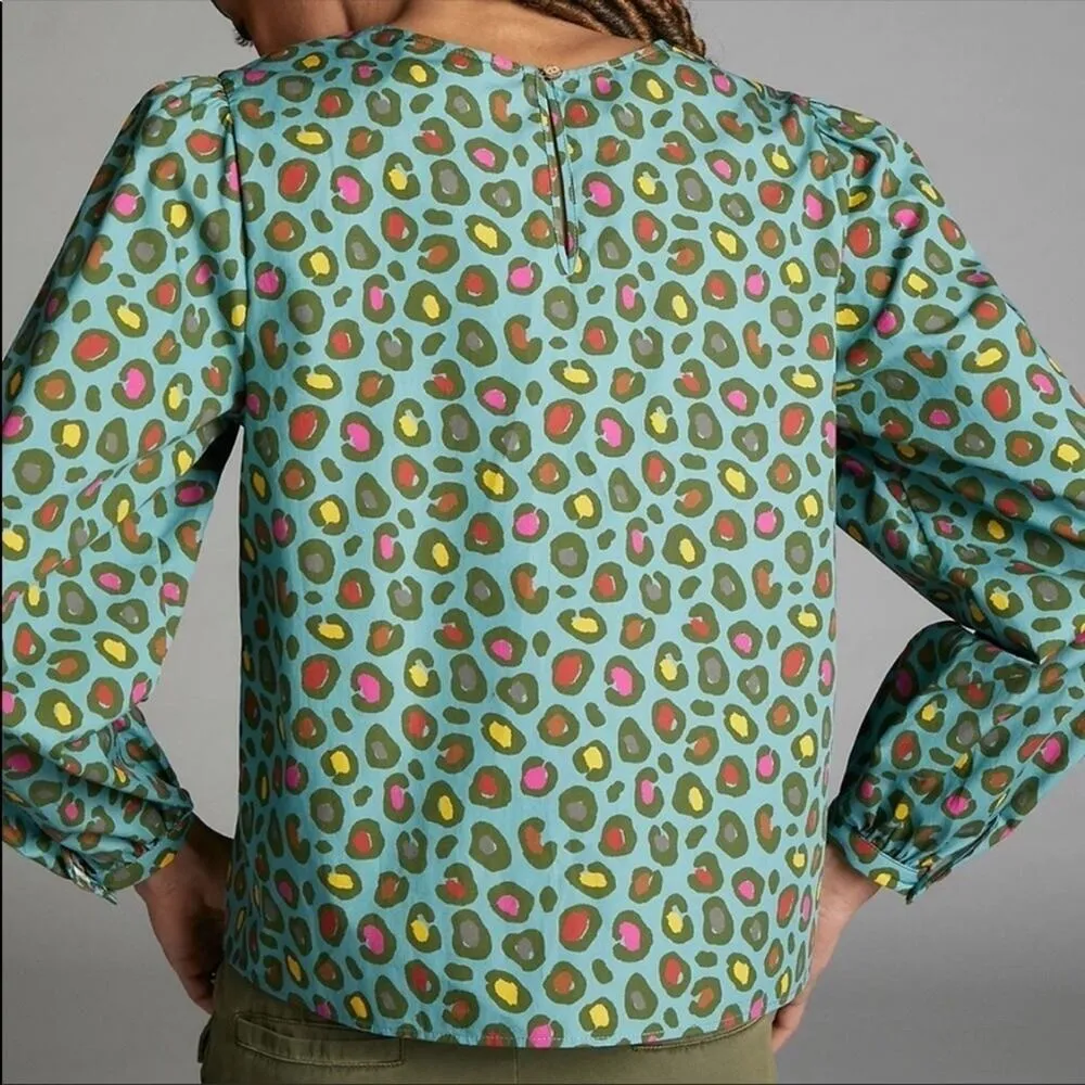 Anthropologie x Farm Rio Hanya Puff Sleeve Blouse Turquoise Colorful Leopard NEW - Image 12