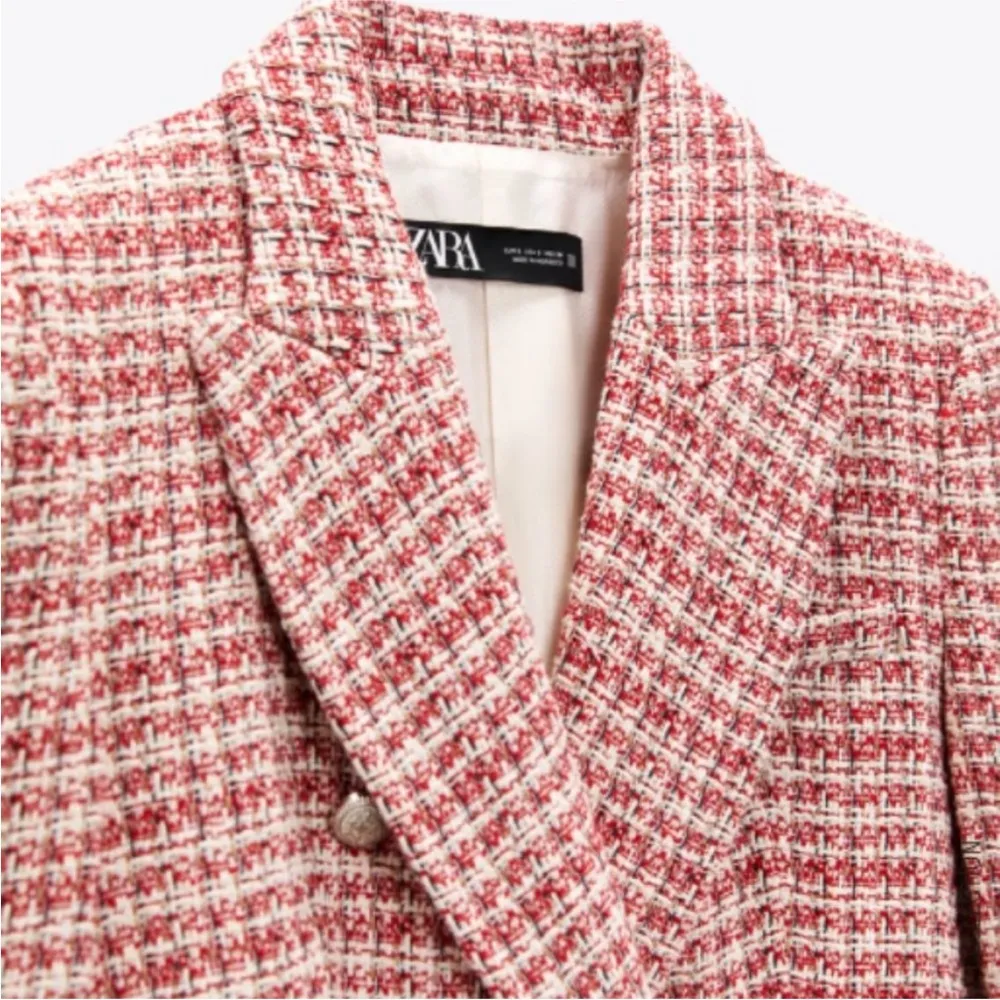 ZARA TWEED WEAVE TEXTURED DOUBLE BREASTED BLAZER RED/WHITE SIZE L NEW - Image 14