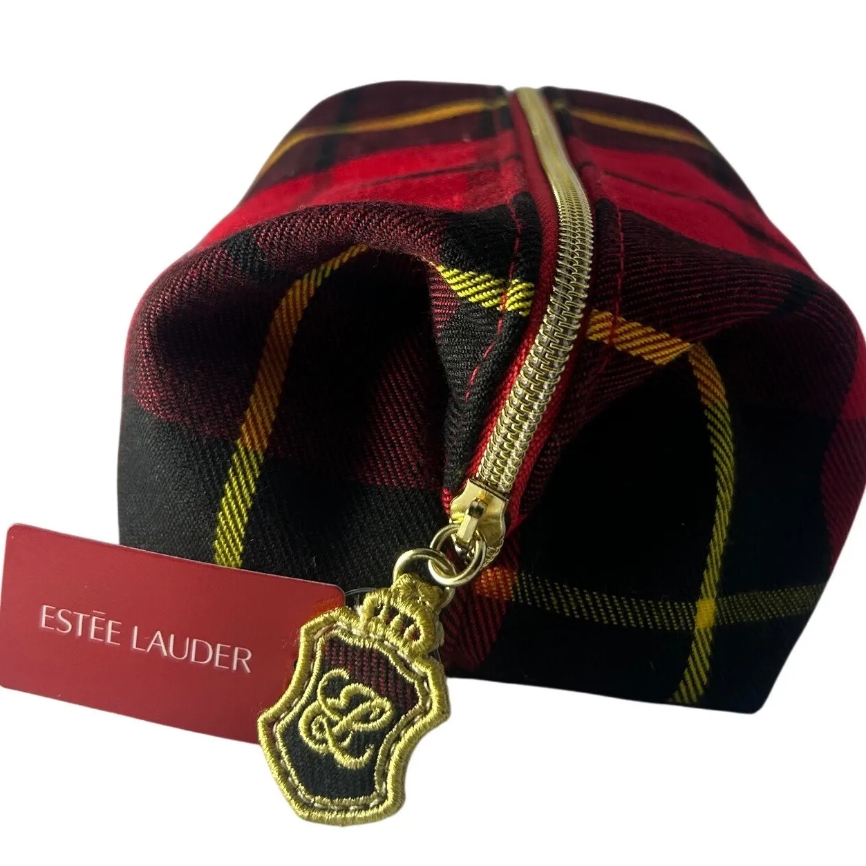 Estee Lauder Red Plaid Cosmetic Bag Pouch Zippered Makeup Travel Pouch - Image 4