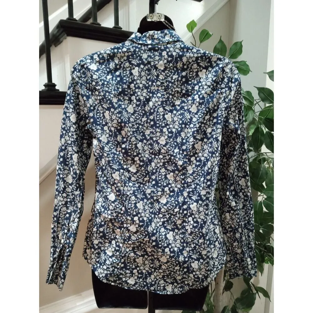 Liberty For J.CREW Women's Navy Floral Cotton Collared Button Down Shirt Size 2 Blue - Image 4