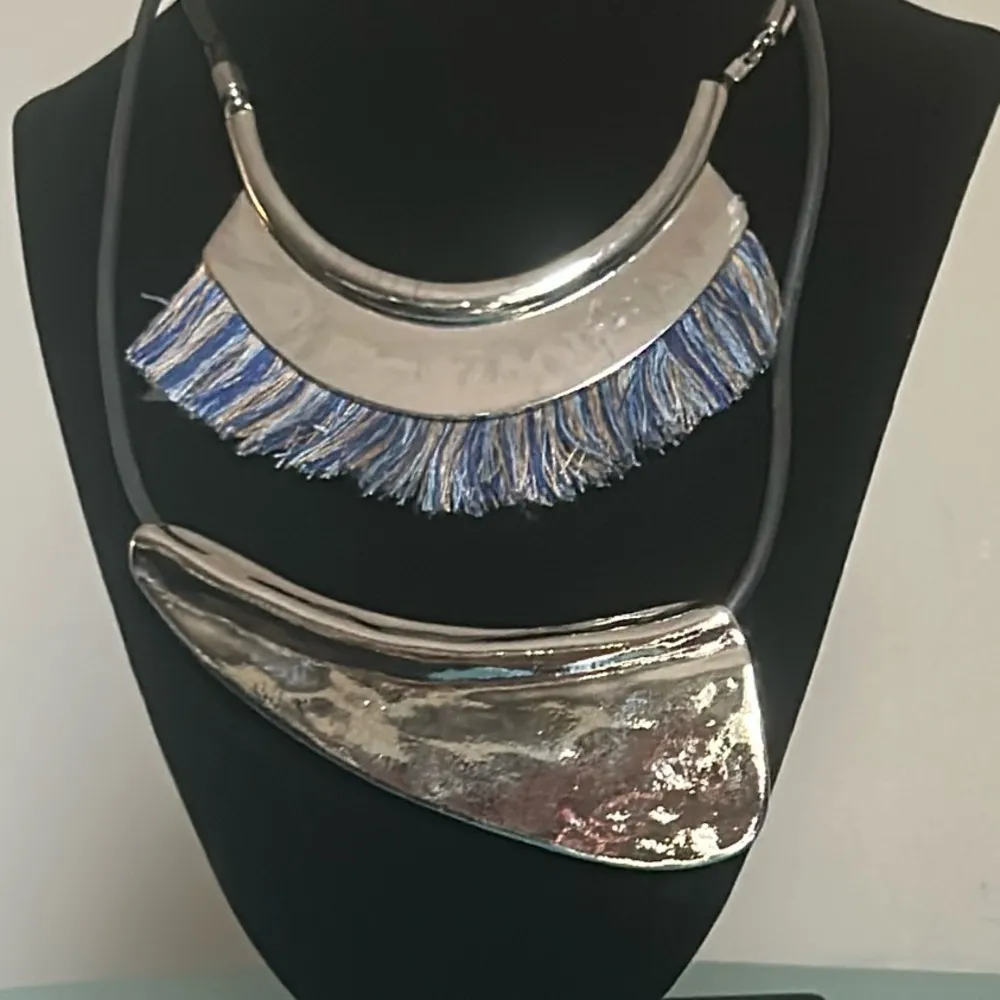 2 Boho Inspired Silver Tone Blue Fringe Geometric Cord Choker Collar Necklaces - Image 14