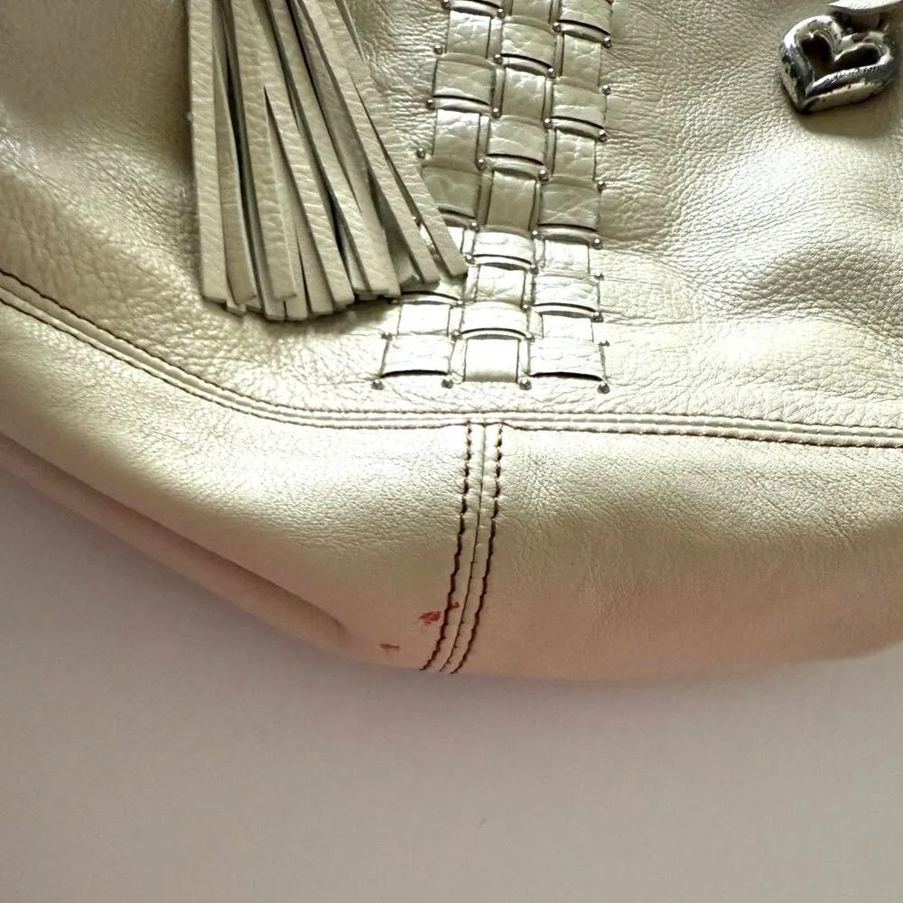 Brighton Off White Leather Woven Center Tassel Shoulder Bag Vintage Look (Flaws) - Image 5