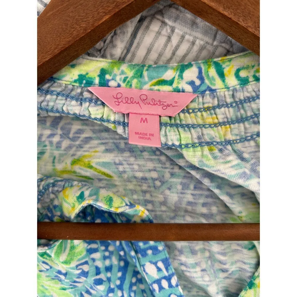 Lilly Pulitzer Sleeveless V-Neck Shift Dress Blue Green Starburst Print Summer - Image 4