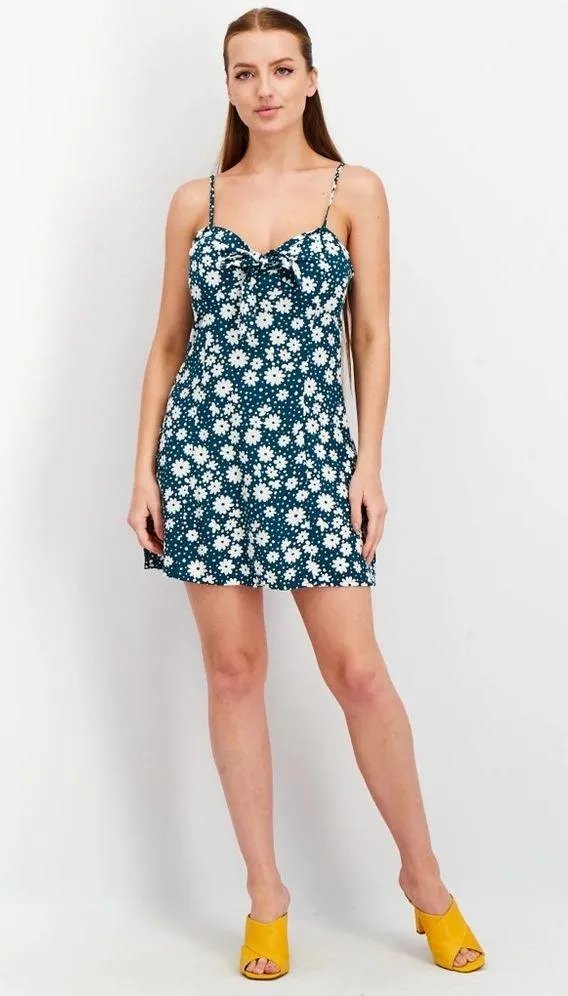 Teal Green & White Ditsy Floral Print Sleeveless Mini Dress - S - Image 4