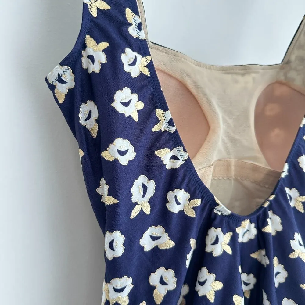 Gottex Swimsuit Medium Navy Floral Metallic Coastal One Piece Modest VTG 70s - Image 9