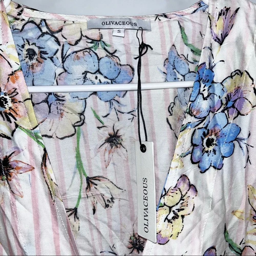 OLIVACEOUS Pink Striped Floral Wrap Tie V Neck Blouse Top Small NWT - Image 13