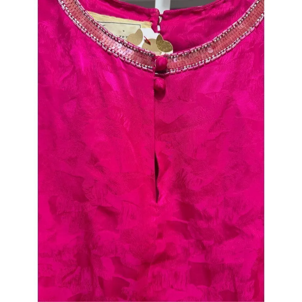 Spenser Jeremy Vintage 90s Hot Pink Magenta 100% Silk Beaded Midi Dress w/ Bow s Size 8 - Image 15