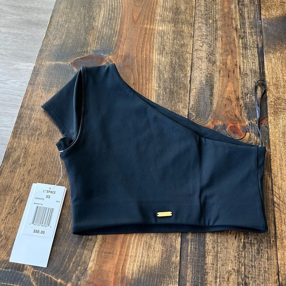 L*Space Size XS Genessee One Shoulder Crop Top Solid Black Basic Yoga Athleisure - Image 4