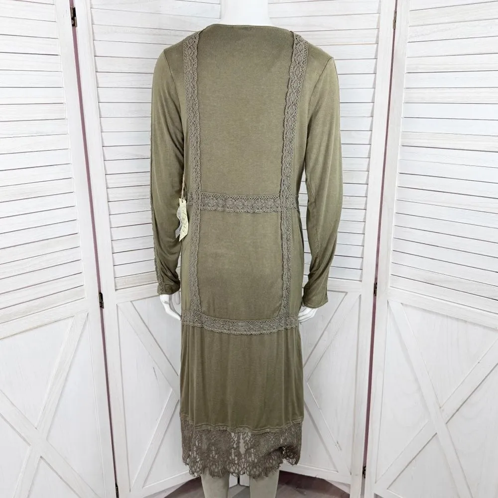 Gimmicks by BKE Buckle Boho Lace Trim Cardigan Duster Olive Green Small - Image 4