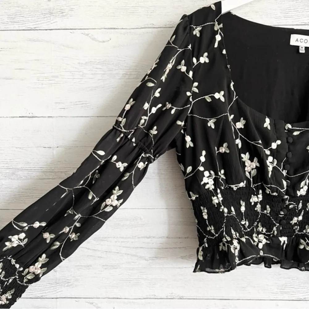 ACOA Black Square Neck Low Cut Floral Embroidered Blouse Size M - Image 8