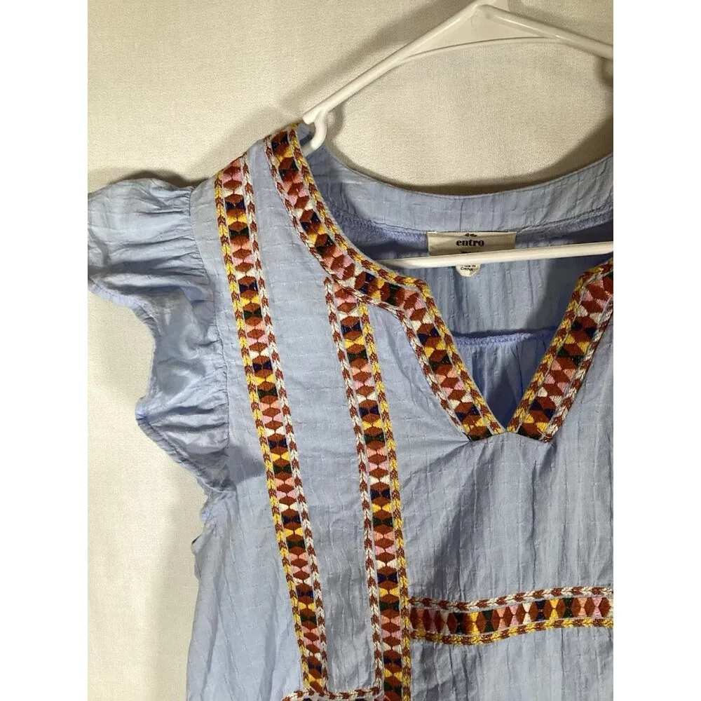 ENTRO Peasant Flutter Sleeve Blue Top Boho Cottagecore 100% Cotton Small - Image 4