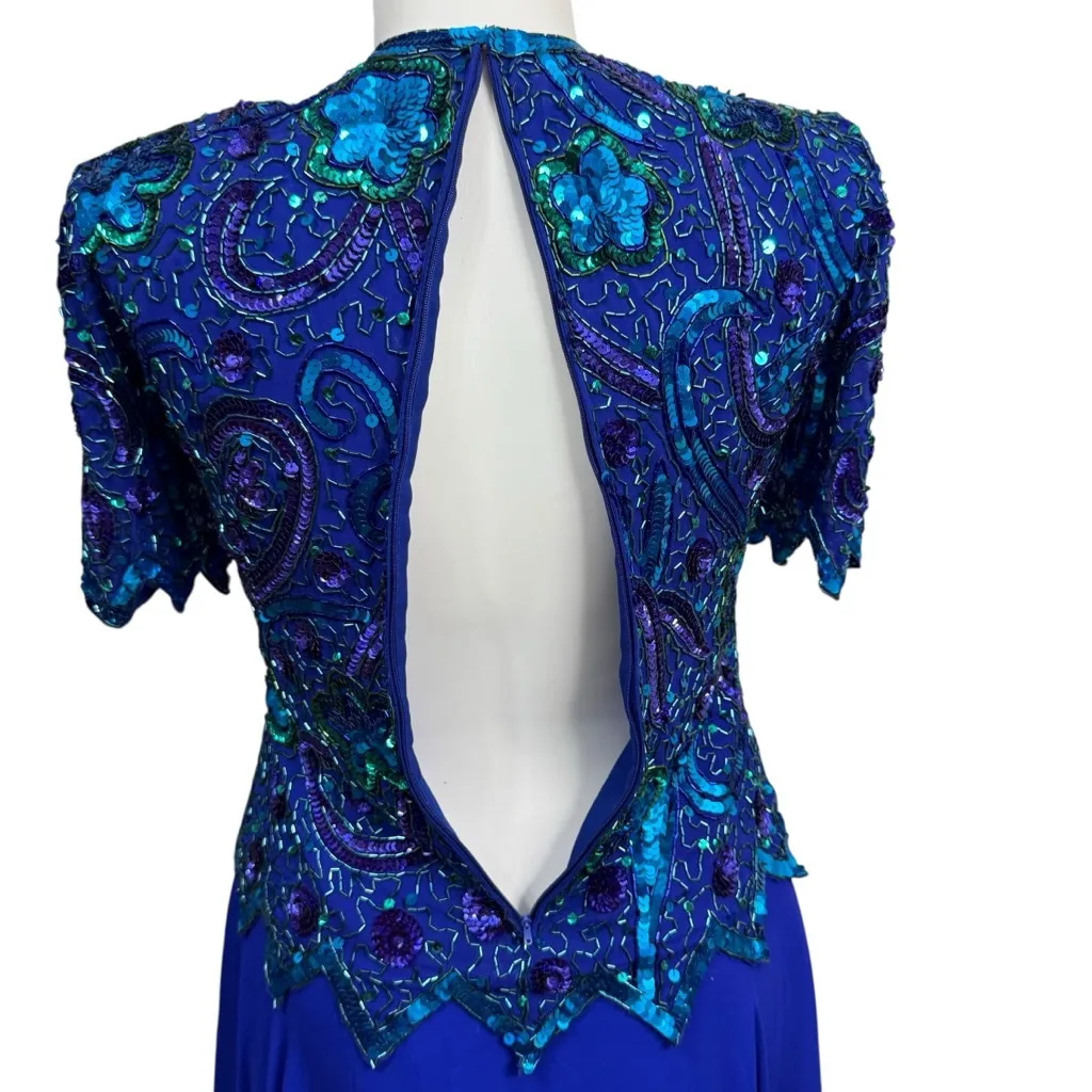Vintage Brilliante by J.A. Silk Beaded Sequin Evening Gown Blue Purple Green Wom Size L - Image 9