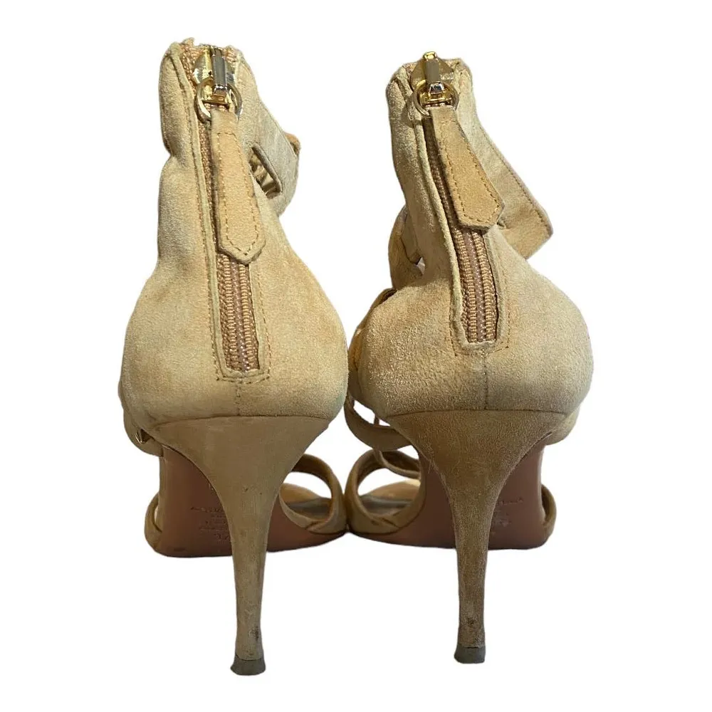 AQUAZZURA Heels Pumps 7.5 Gold Leather Stiletto Lace Up Ankle Open Toe Sandals Size 6.5 - Image 5