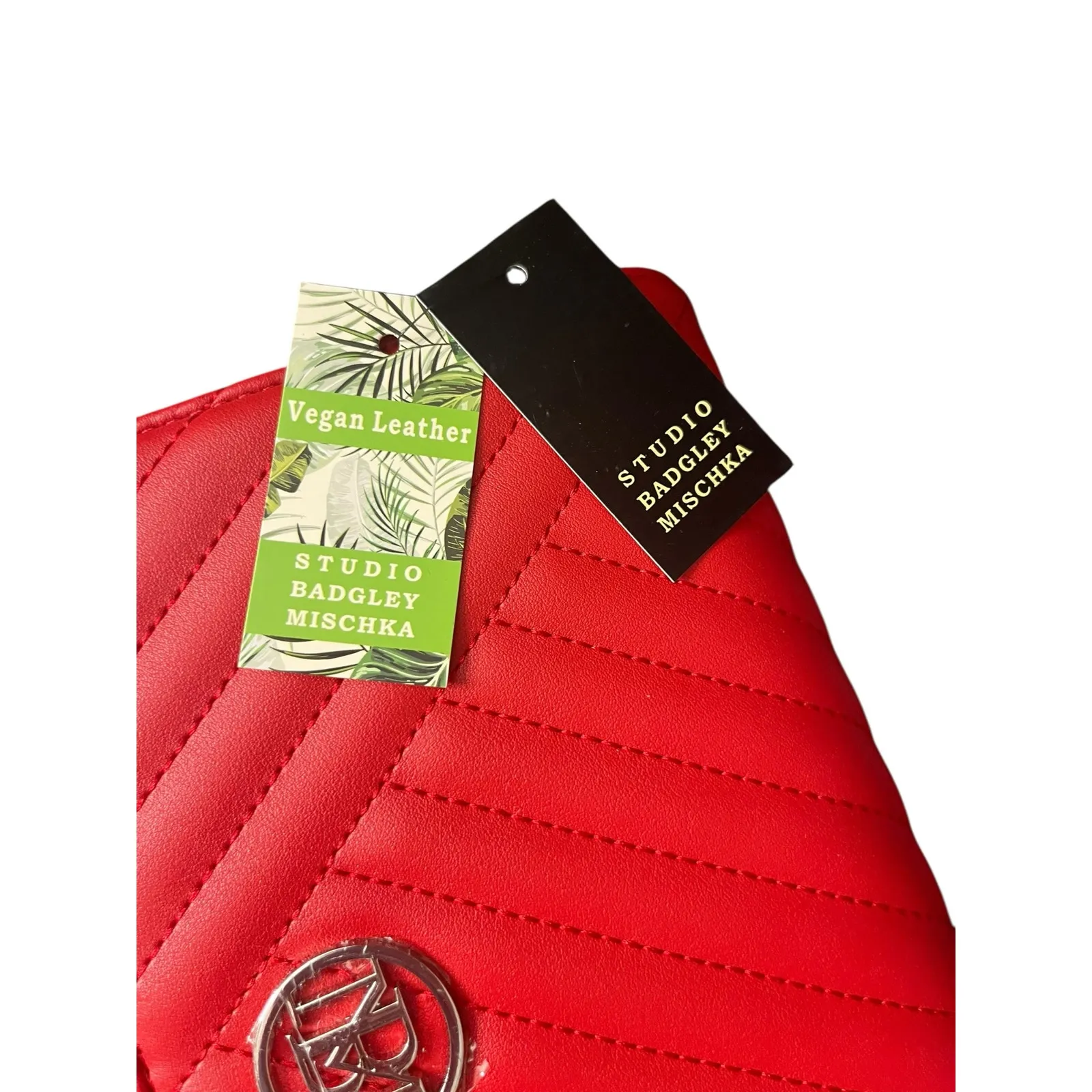 Badgley Mischka Quilted Crossbody Bag Brick Red Vegan Leather w/ Chain - Image 14