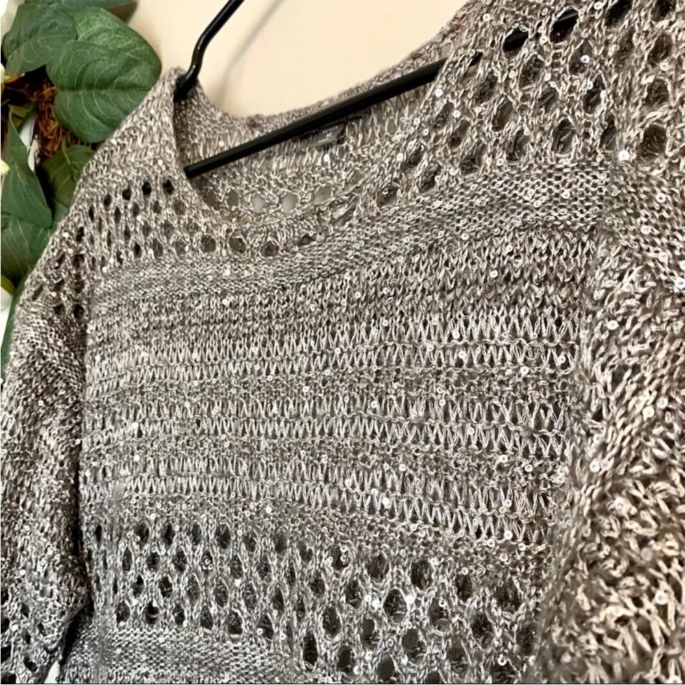 Roz & Ali Grey Crochet Sequin Pullover Sweater MP - Image 6