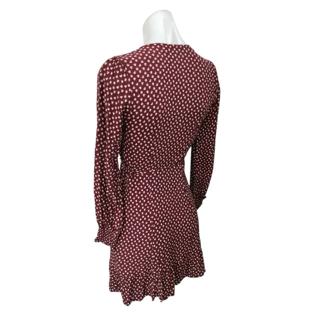 Abercrombie & Fitch Red Floral Plunge V-Neck Long Sleeve Mini Wrap Dress XXS - Image 3