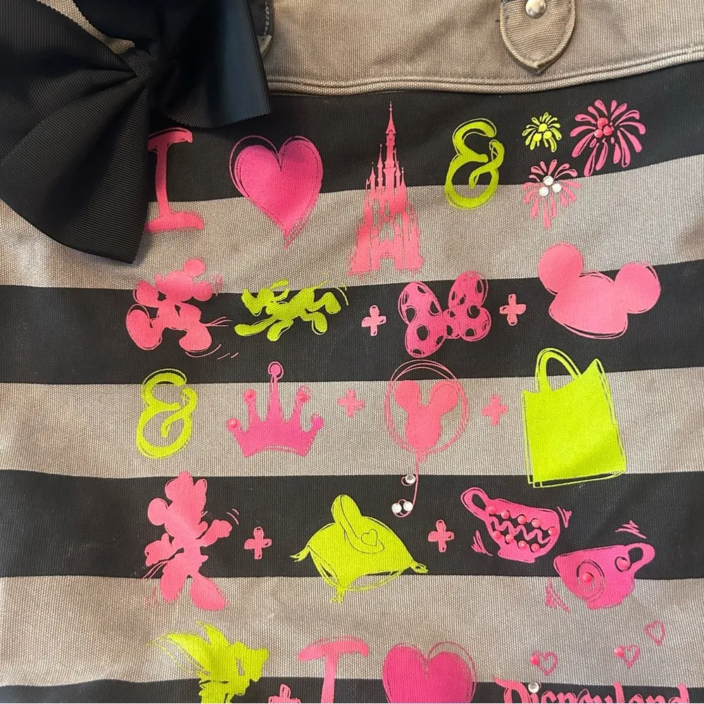 Disney Parks Disneyland Black, Gray and Neon Striped Canvas Tote Bag with Bow - Image 4