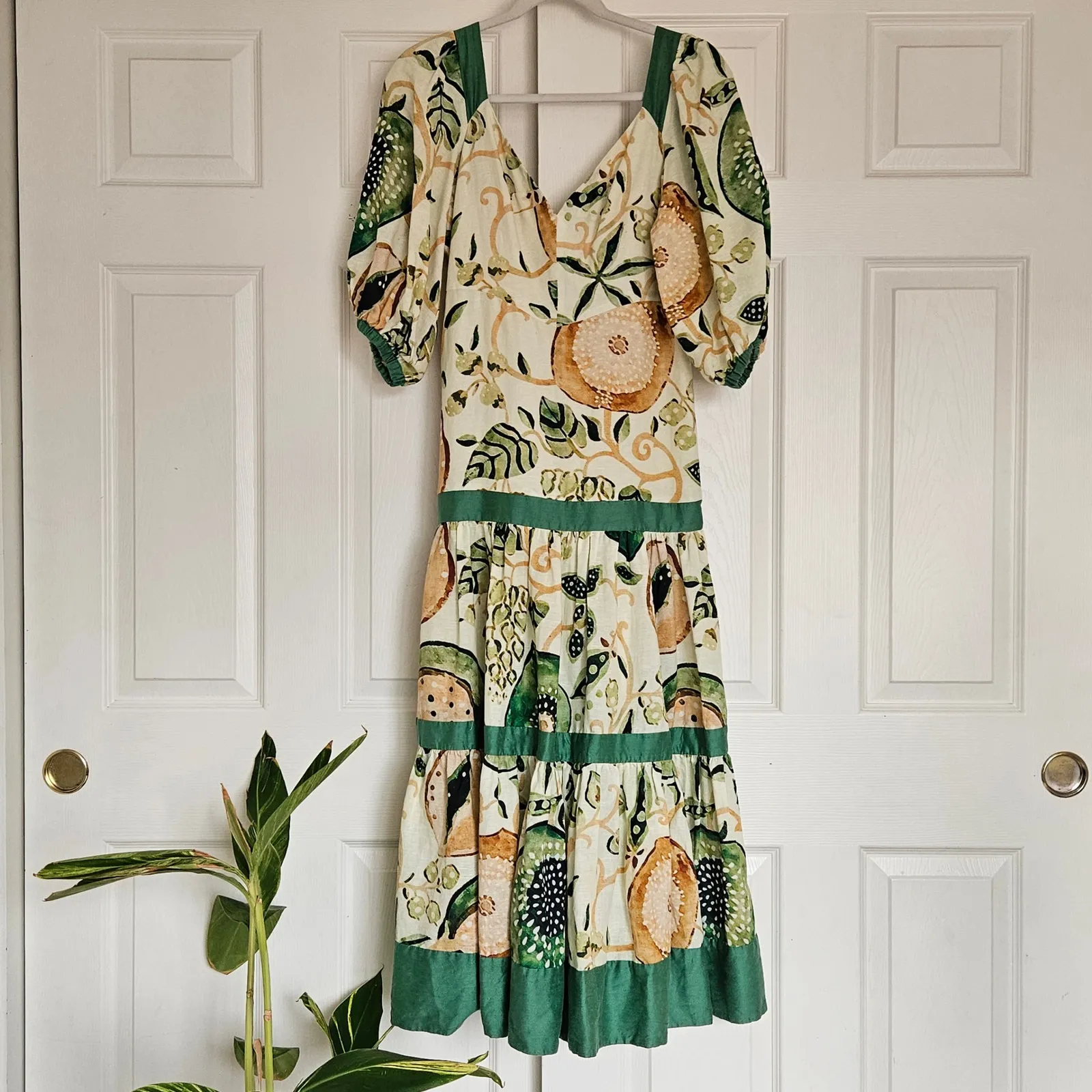 Alexis Pierah Midi Maxi Dress (Sz M) Linen Cotton Blend Jade Garden - Image 4