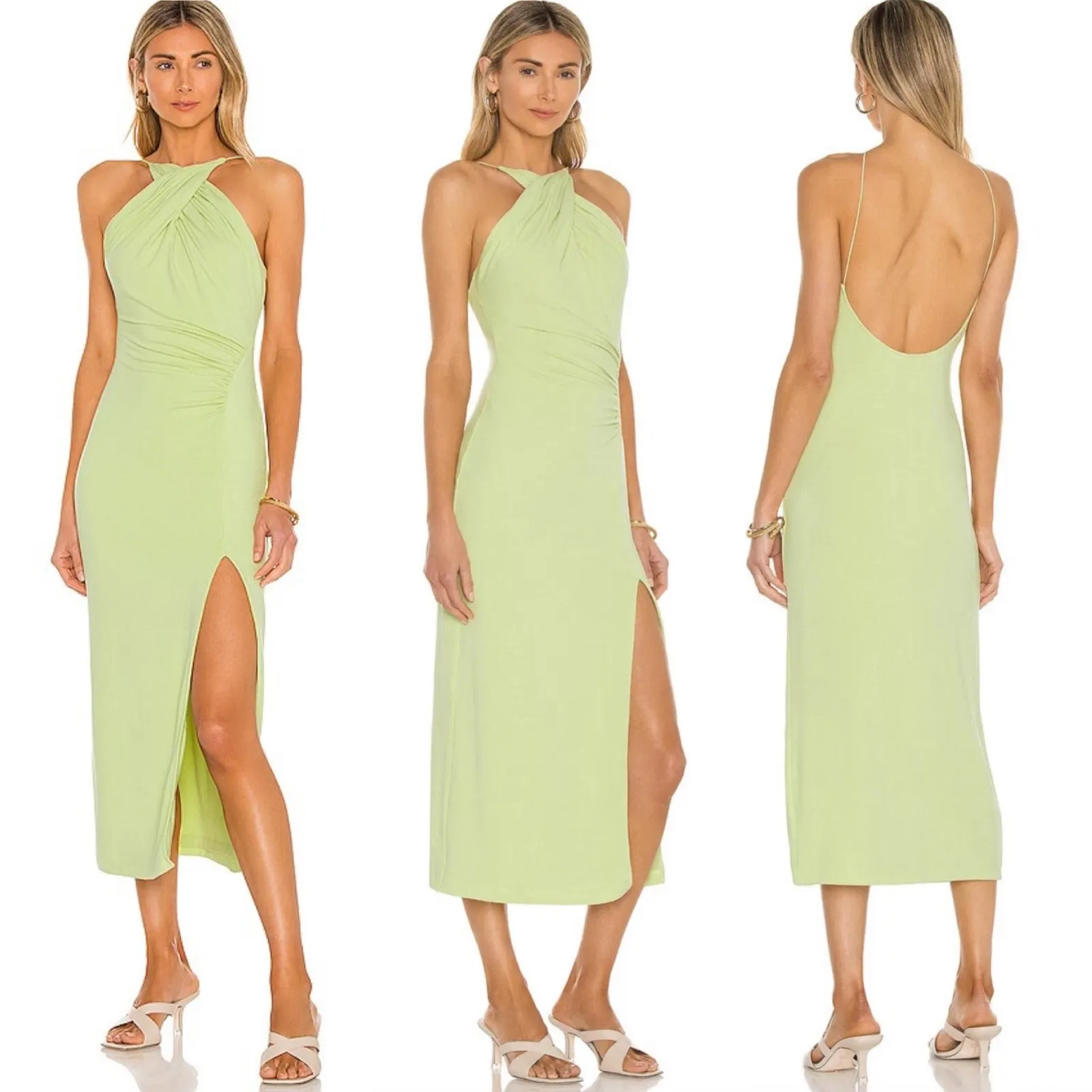 Song of Style Zinnia Maxi Halter Dress Ruched Slit Open Back Key Lime Small Sexy Yellow - Image 2