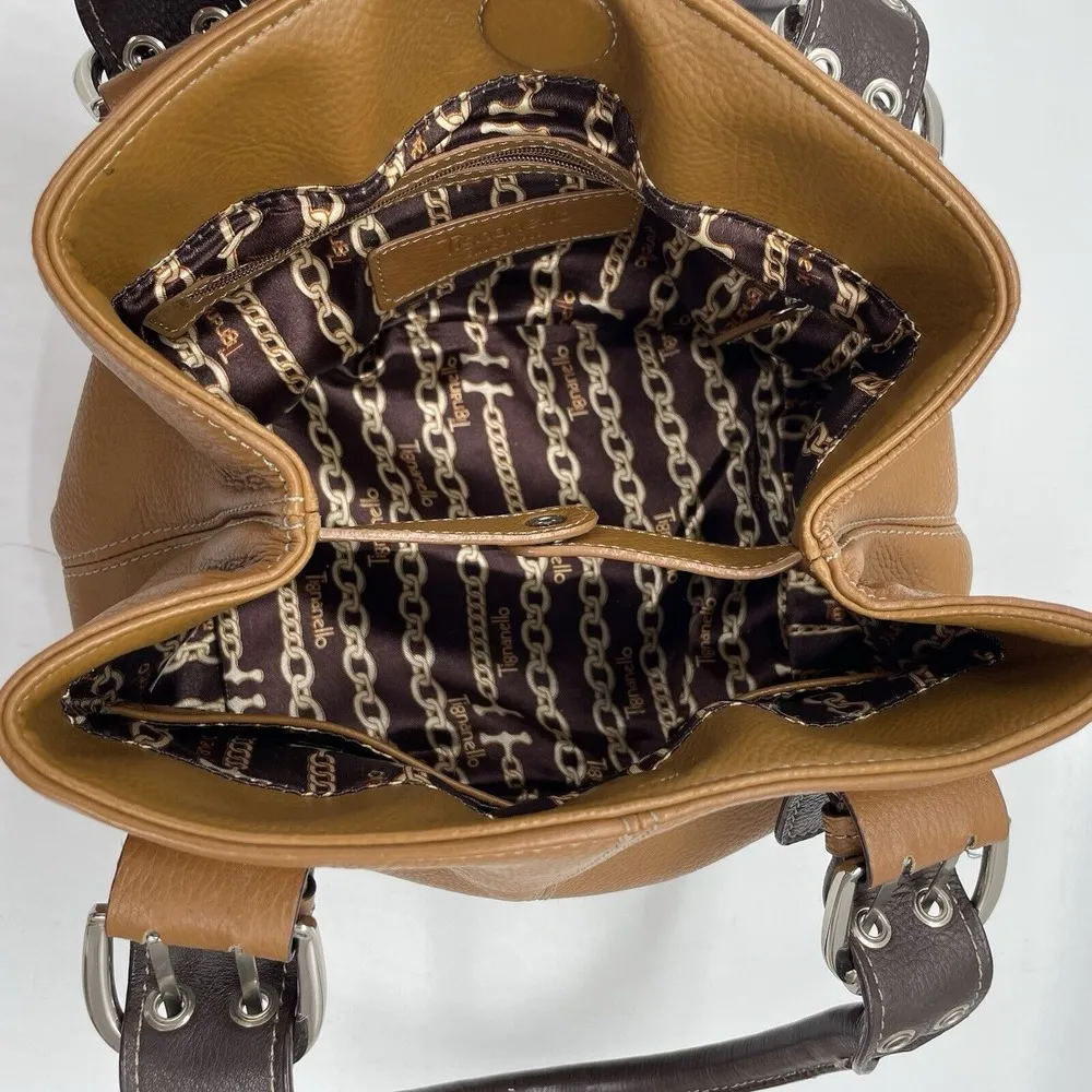 Tignanello Tan Leather Handbag Double Handle Purse Silver Buckles Magnetic Close Brown - Image 6