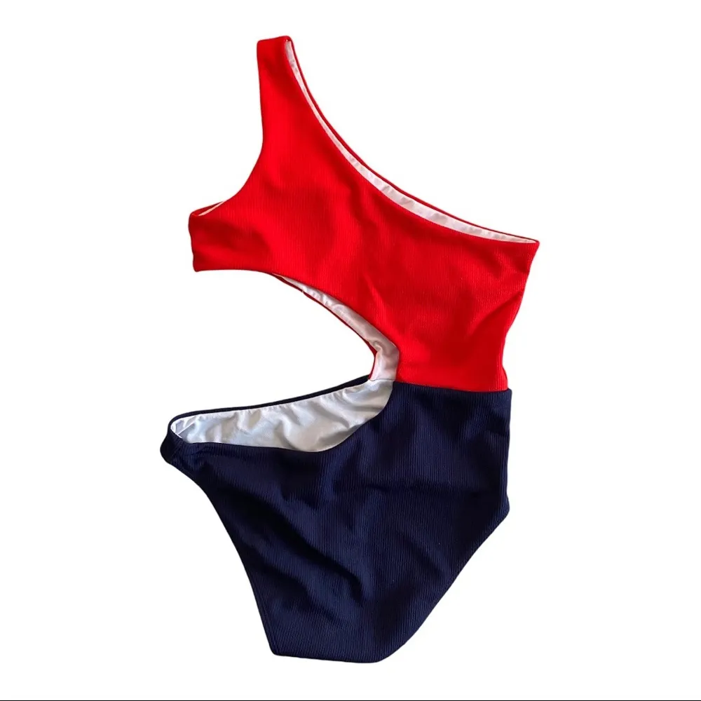 SHEIN Red Navy Colorblock One Shoulder Cut Out One Piece Swimsuit Size Large - Image 5