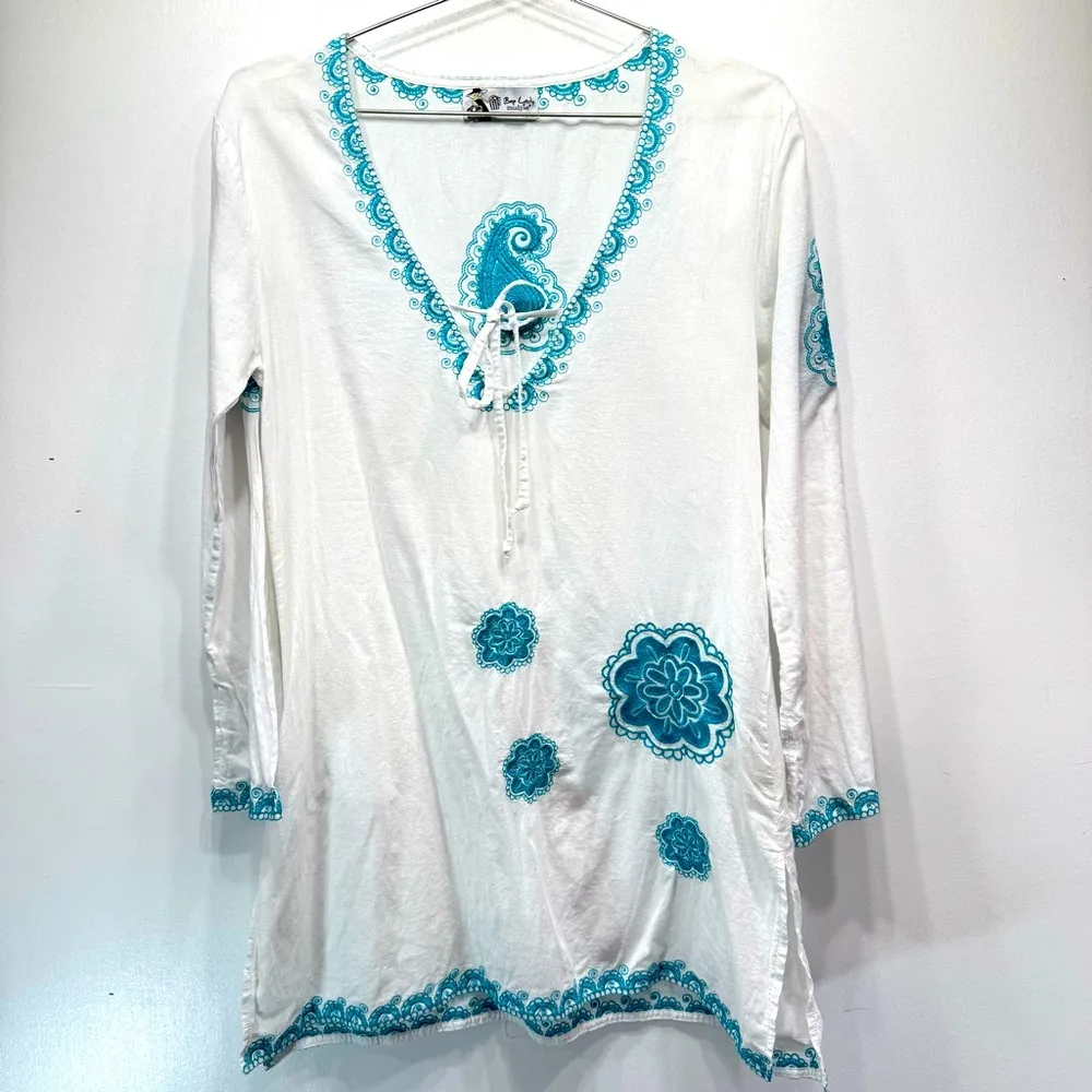 Bag Lady Mudpie White Tunic Swimsuit Cover Up Teal Embroidered Paisley Floral Size M - Image 2