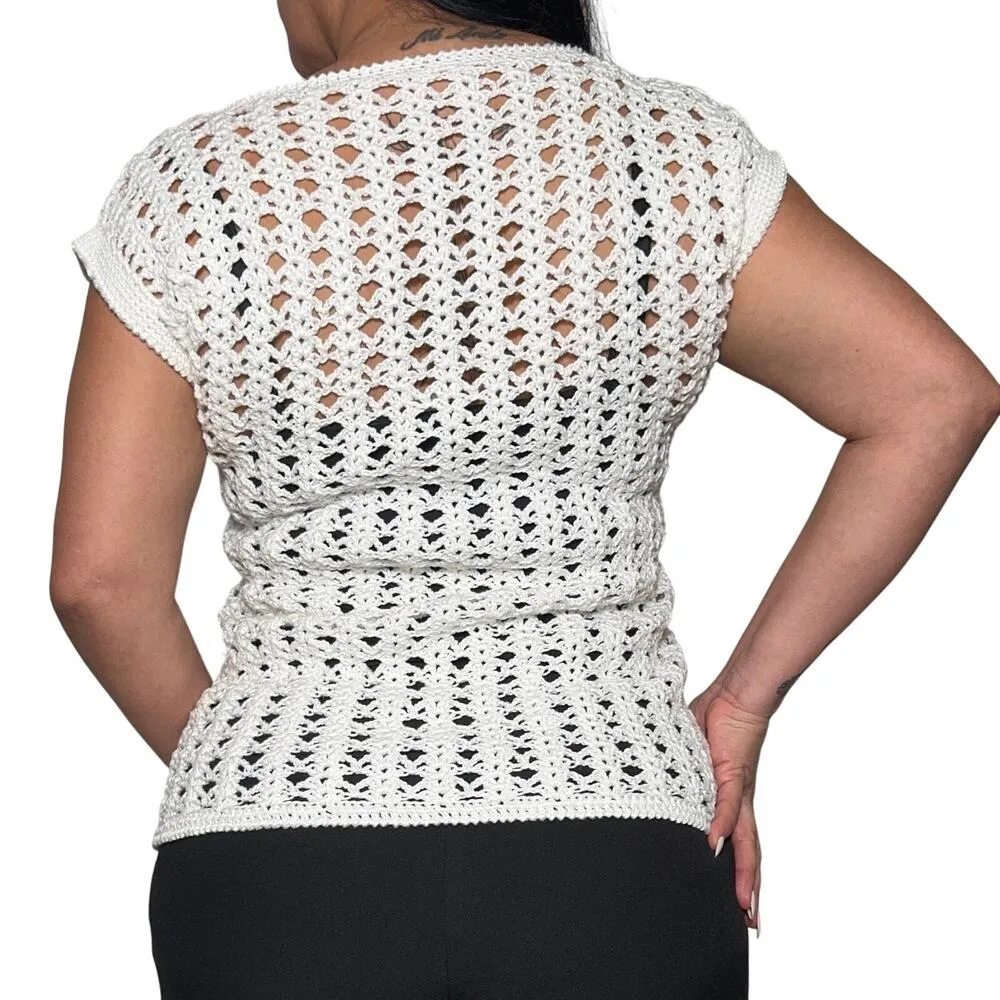 Handmade white knitted crew neck cap sleeve chunky women’s M/L - Image 2