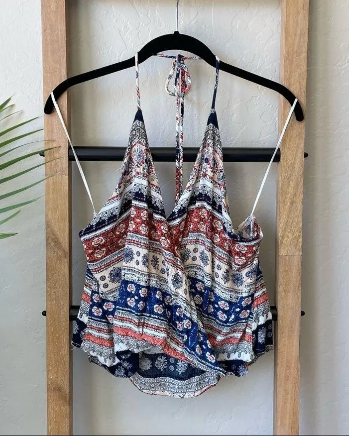 Stella Laguna Beach Coastal Mixed Print Boho Halter Tie Crop Top - Image 7