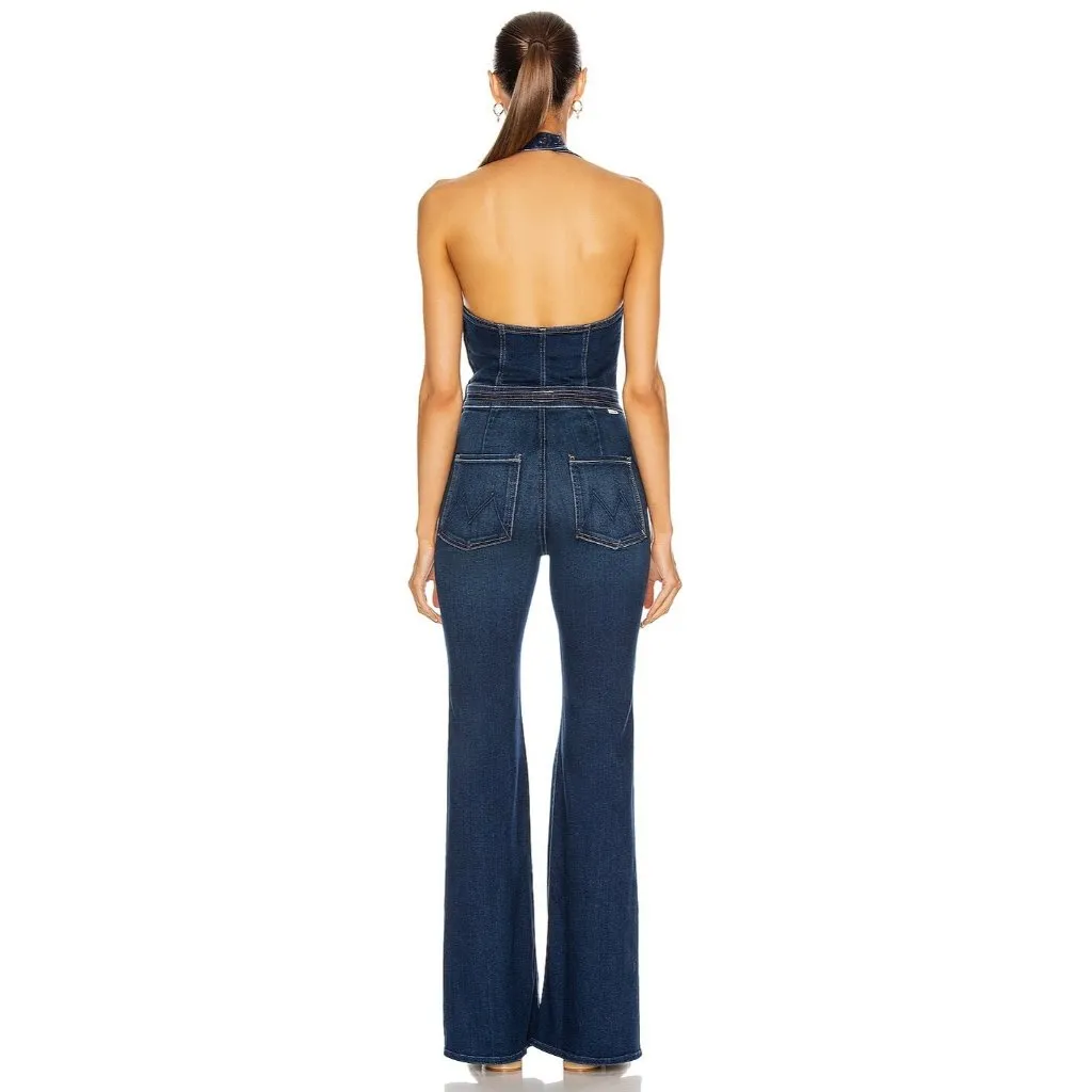NWT Mother The Halter Doozy Jumpsuit in Home Movies Stretch Flare Denim 30 Blue - Image 2